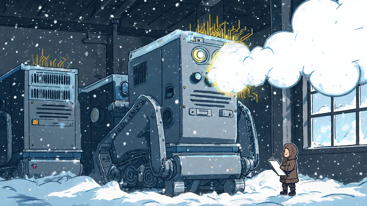 A large, noisy ASIC miner in a cold warehouse, with a tiny person checking its power usage.