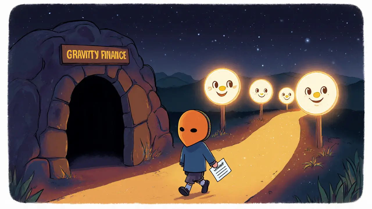 A little wallet walks away from a dark cave toward a bright path of friendly crypto exchanges.