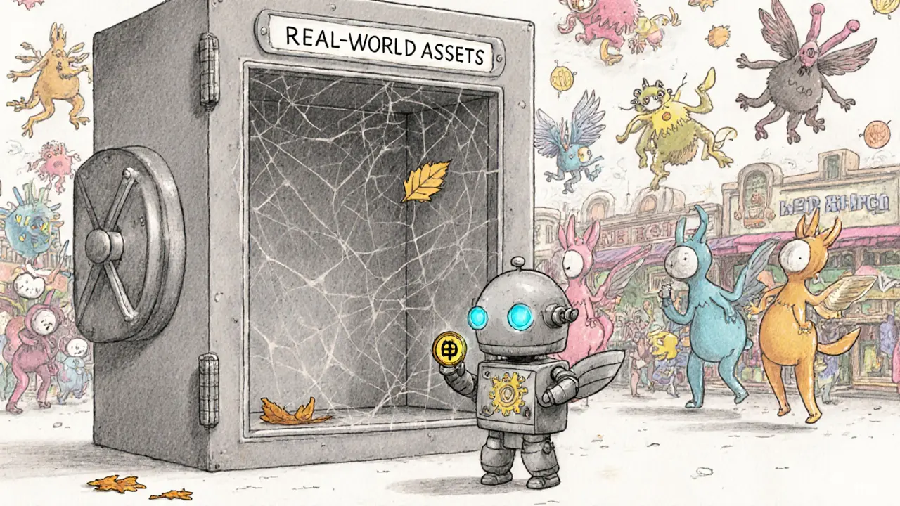 A lonely robot holds a tiny JOLT token in front of an empty vault while a lively DeFi market glows behind.