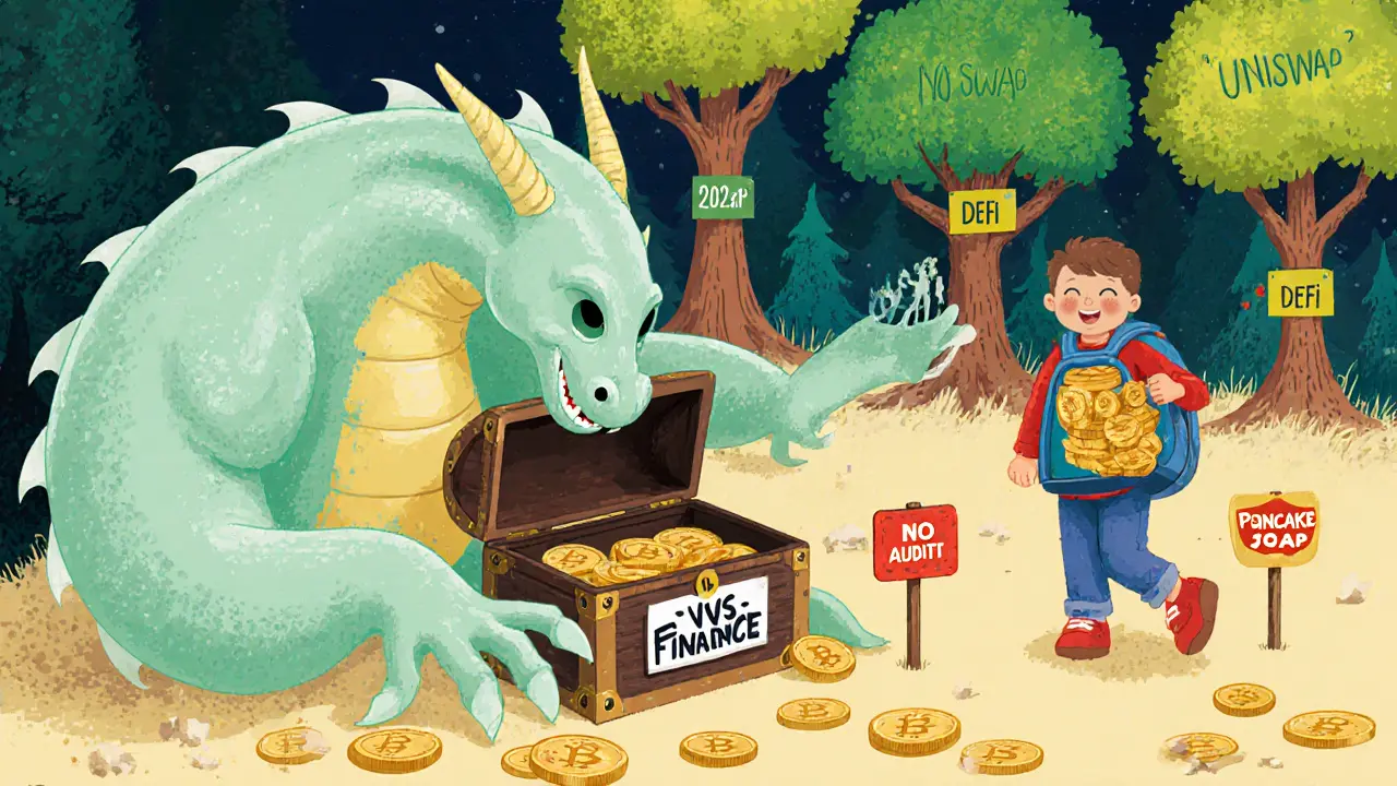 A pixelated ghost dragon rests around an empty treasure chest while a child walks away toward thriving DeFi trees labeled with trusted platforms.