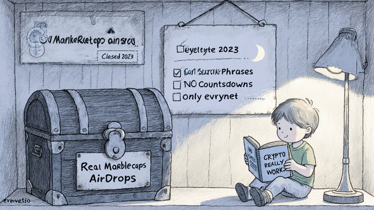 A quiet treasure chest labeled 'Real Airdrop' sits unused beside a closed sign, while a child learns about crypto from a book under a warm lamp.