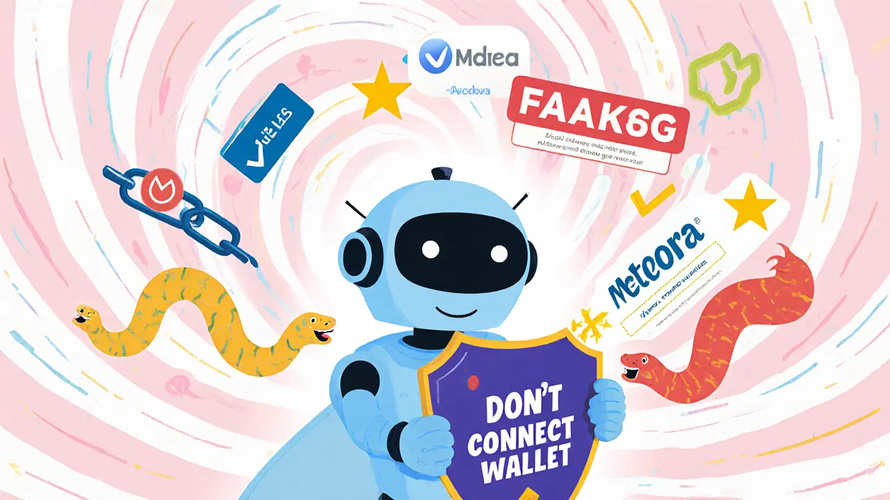 A robot blocks scammy links with a shield as real airdrops shine like stars in the background.