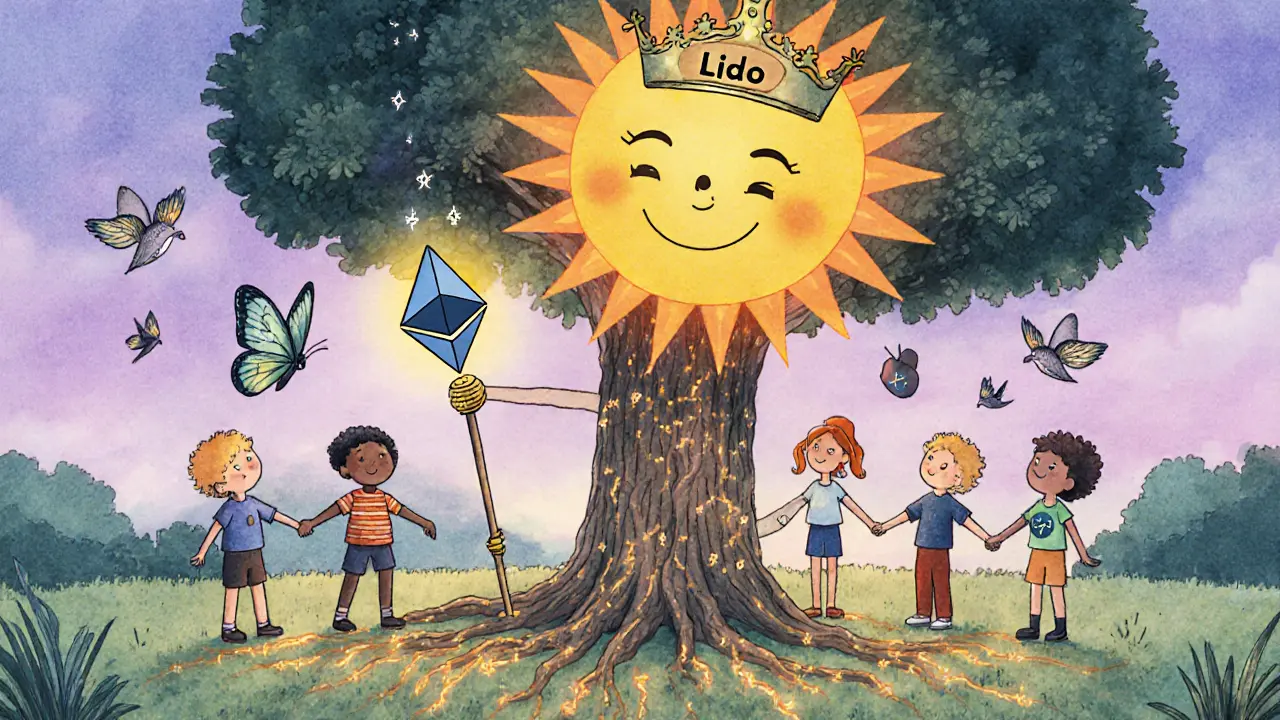 A smiling sun transforms an ETH egg into a stETH butterfly, surrounded by children and a blockchain tree.