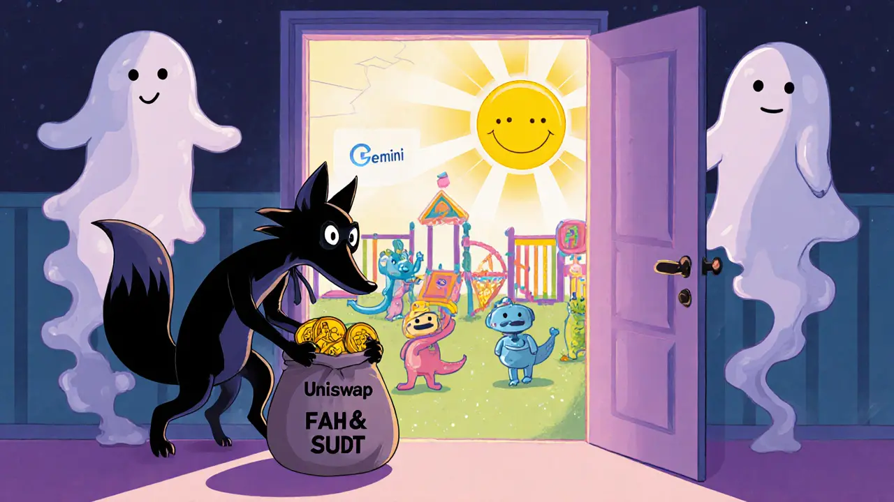 A sneaky fox steals crypto coins from a fake exchange, while a bright path leads to safe trading platforms.