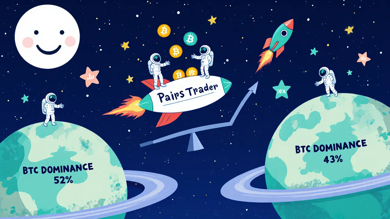 A spaceship flies between two planets representing BTC dominance levels, tossing altcoin coins onto a balance scale in space.