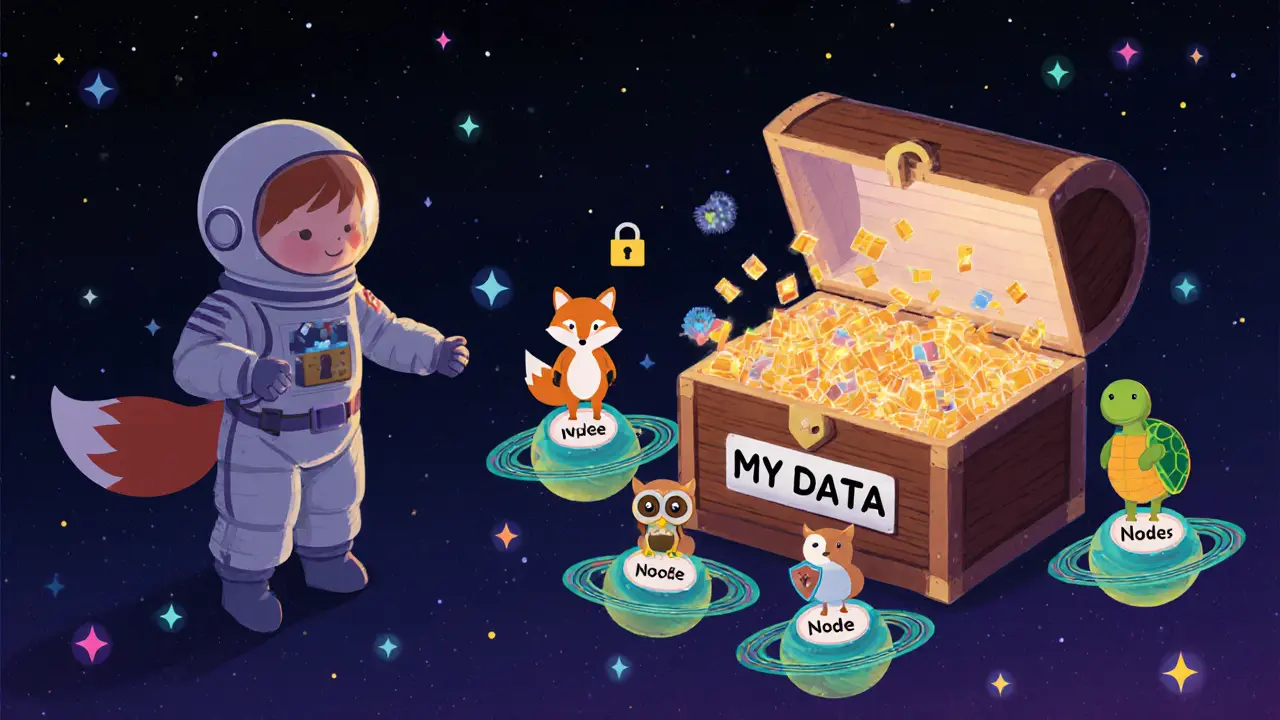 A treasure chest opens to reveal data fragments guarded by animals on tiny planets in a starry sky.