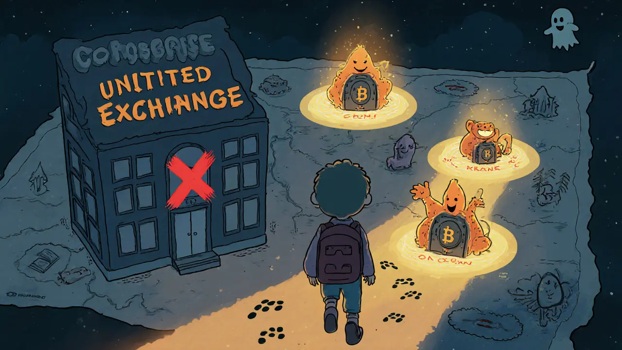 A treasure map shows a ghostly exchange marked with an X, while a path leads to three safe, friendly crypto platforms.