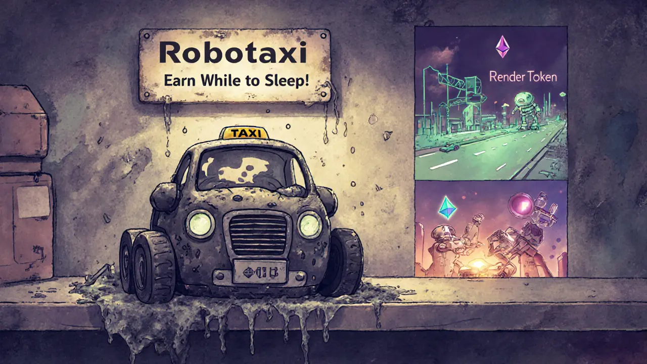 An abandoned toy robot taxi sits on a shelf next to glowing, active blockchain robots building a city.