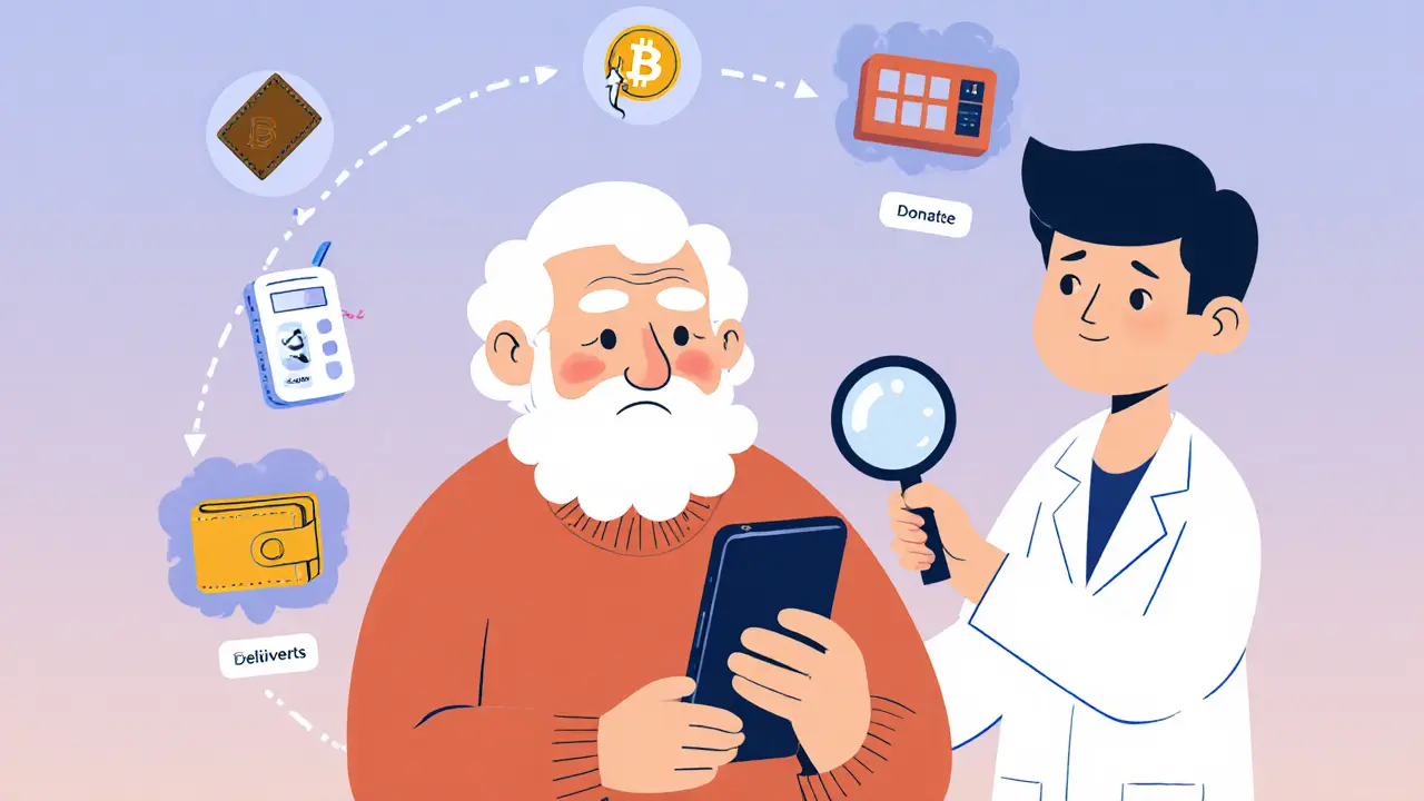 An elderly person is helped by a friendly guide to understand a donation app.