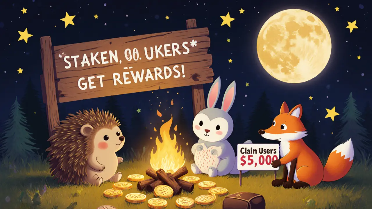 Animal friends gathered around a campfire of gas fees, learning how to earn airdrops while a scam fox sneaks away.