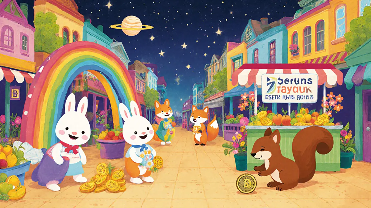 Animals trading at a marketplace, with a squirrel holding a cracked SRM coin under a faded sign.