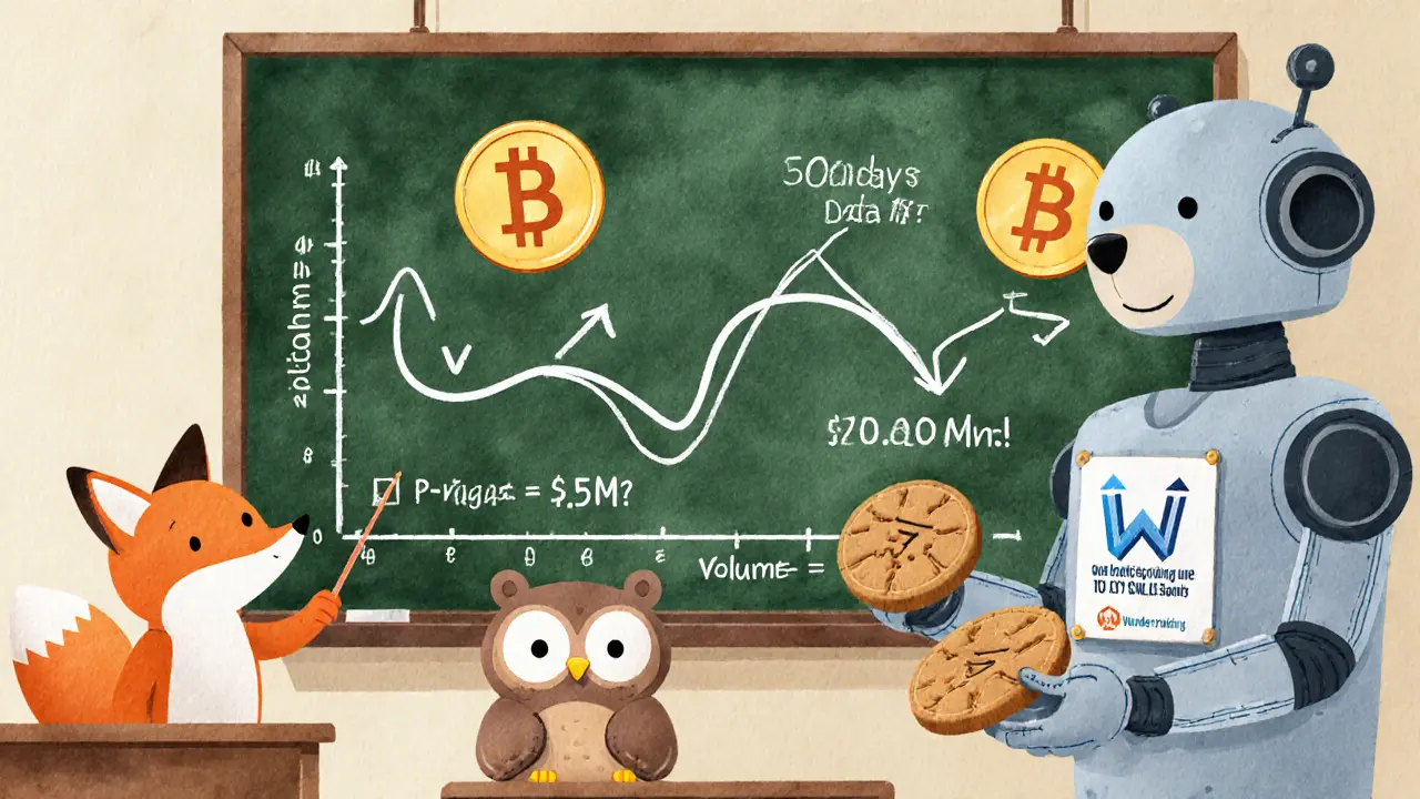 Cartoon animals plot a cointegration spread on a chalkboard while a robot hands out profit-shaped cookies in a classroom.