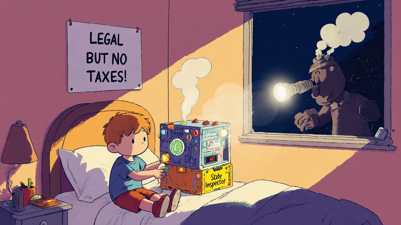 Child mining crypto at home with toy equipment, state inspector watching outside.