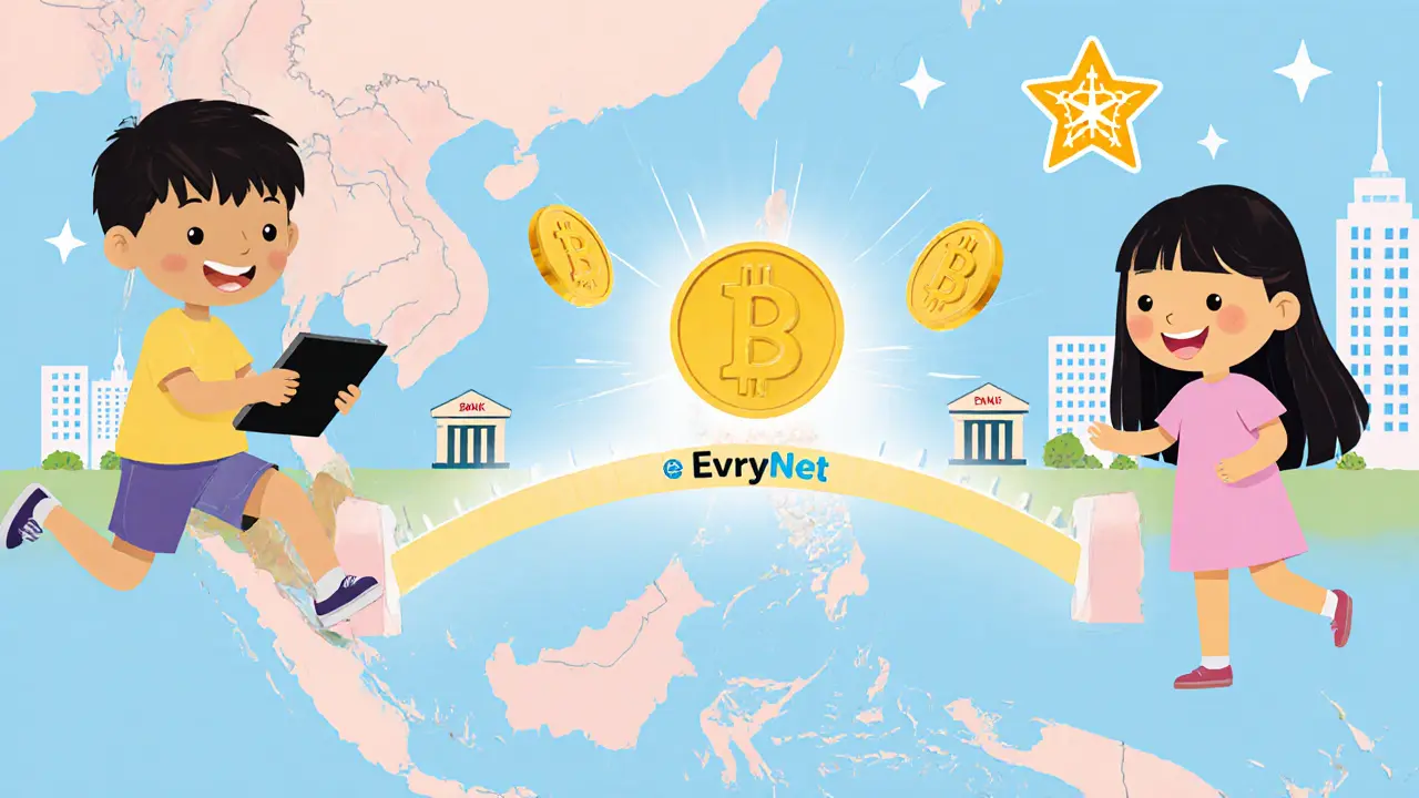 Children in Southeast Asia send digital coins across a glowing bridge, connecting families without banks, with crumbling bank buildings in the background.