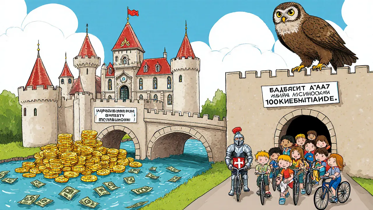 Children trade crypto through a secret tunnel under a castle guarded by a knight, while a giant owl watches from above.