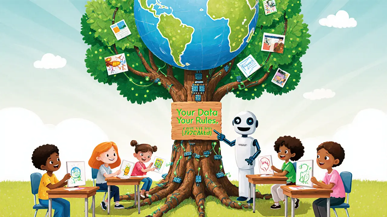 Children upload drawings to a giant tree with roots across continents, symbolizing decentralized storage.