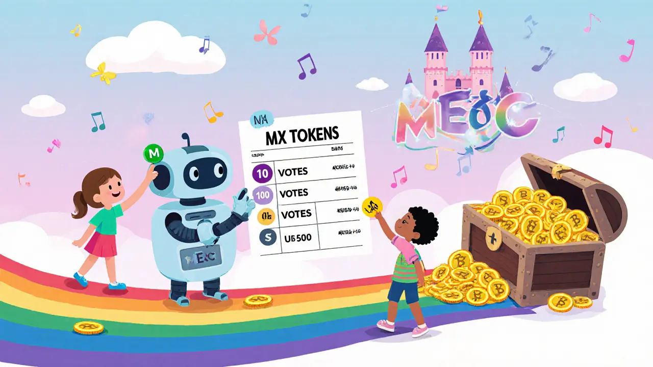 Children vote with colorful buttons as a treasure chest bursts with HUSL tokens.