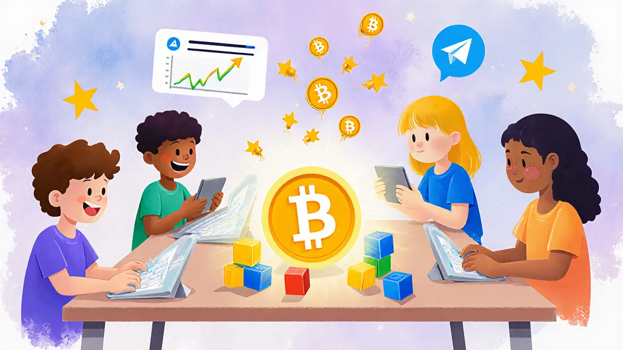 Kids building crypto automations on tablets, with glowing GLQ tokens shrinking as fireflies rise, surrounded by crypto-themed stars.