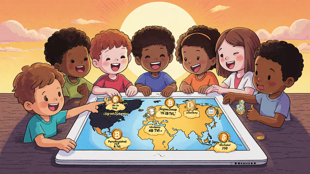 Kids study a crypto map showing empty &#039;OpenSwap&#039; spot and glowing safe exchanges like Uniswap and Gemini.