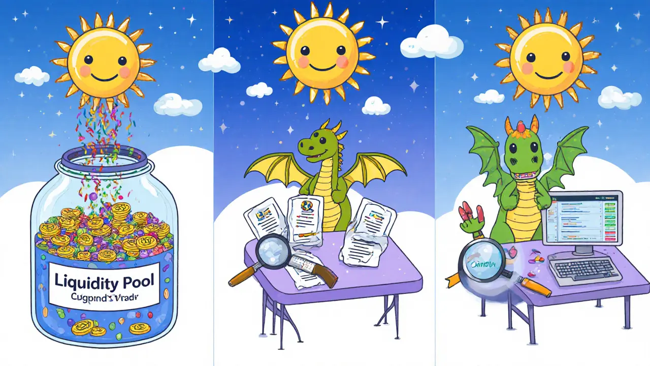 Three magical trading stations show liquidity pools, order books, and DEX aggregators in a whimsical crypto world.