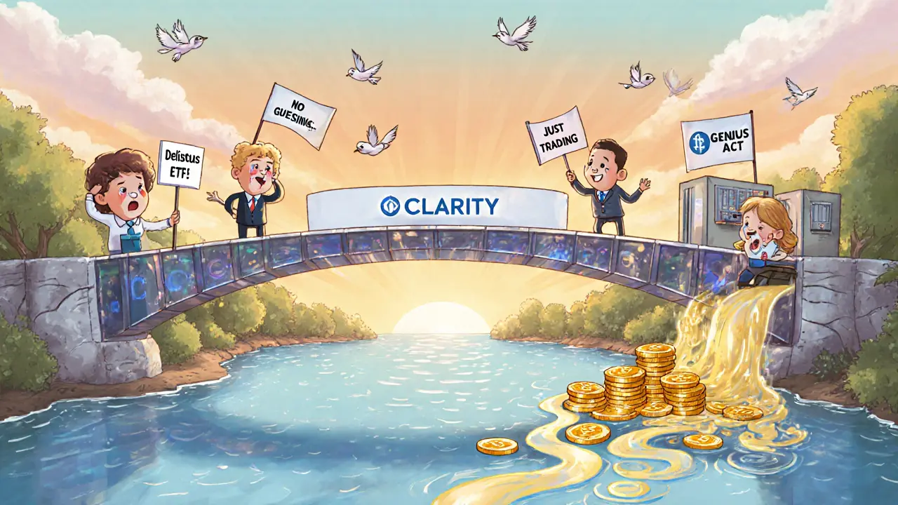Traders cross a bridge of clarity from chaos to calm, as Bitcoin ETFs flow like gold into vaults under a sunset sky.