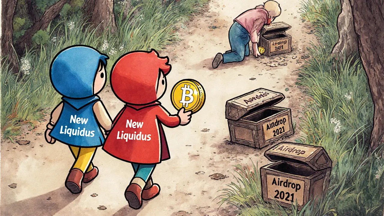 Two characters walking away from an overgrown path with empty treasure chests, one holding a new shiny token.