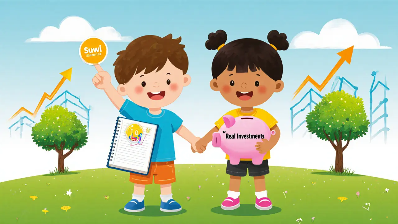 Two children hold hands, one pointing to a Suwi sticker, the other to a piggy bank labeled 'Real Investments.'