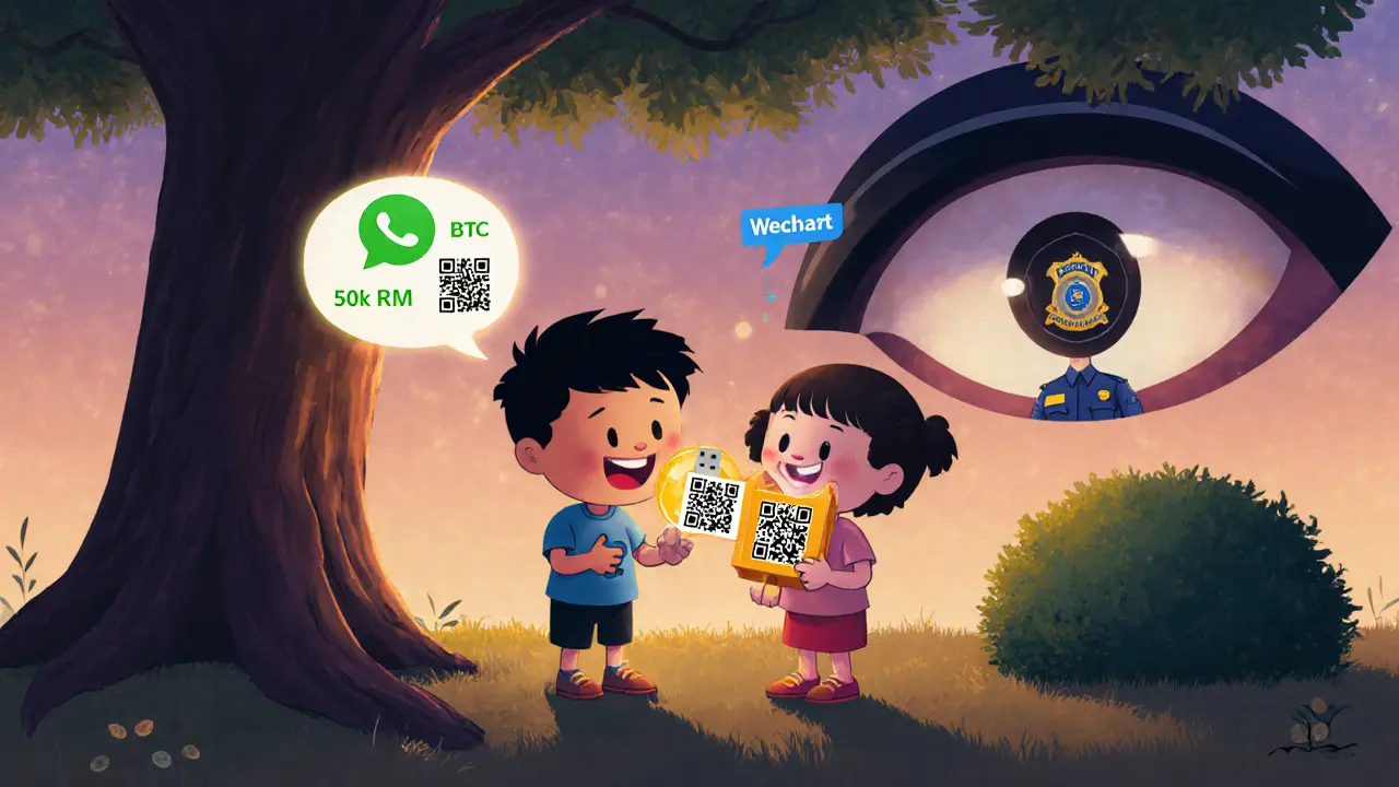 Two children whisper about a Bitcoin deal under a tree, while a watchful eye watches from the bushes.