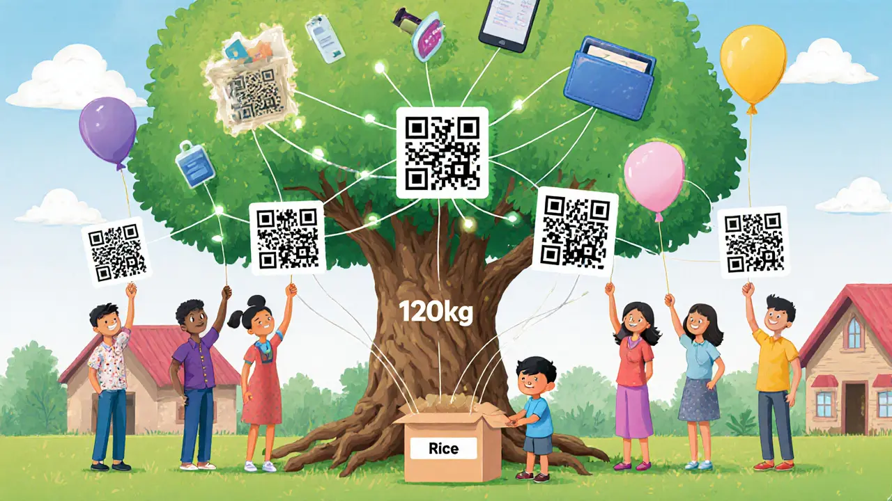 Villagers hold QR-code balloons connected to a blockchain tree delivering food boxes.