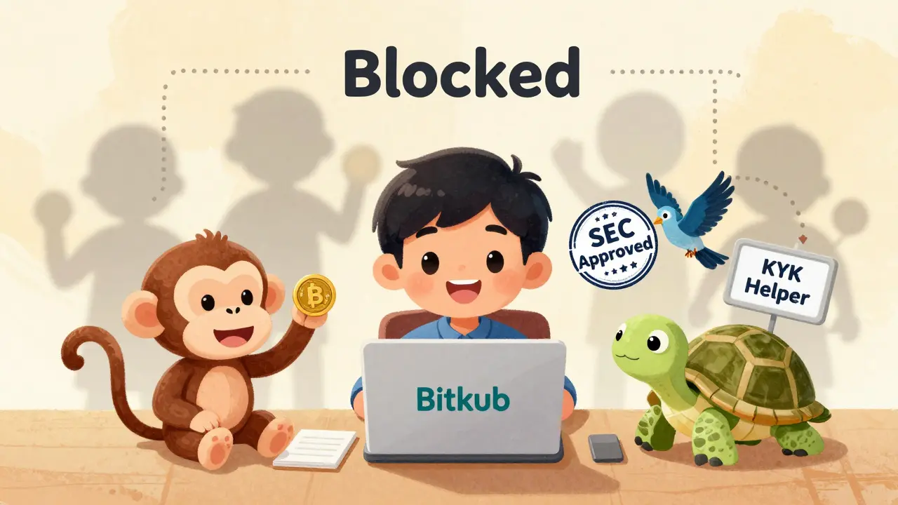 A boy trades safely on Bitkub while friendly animals help, as foreign apps fade behind a wall.