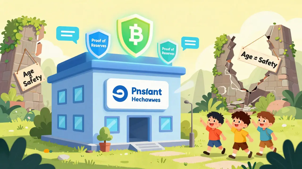 A bright modern exchange with happy users and proof-of-reserves shields, while the old Rock Trading building crumbles behind it.