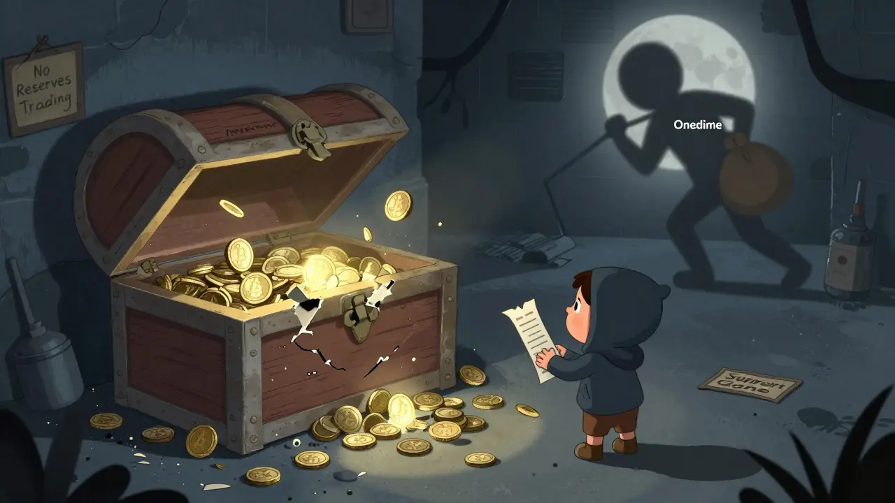 A broken treasure chest spills crypto coins as a shadowy figure steals away, while a child holds a torn receipt under moonlight.