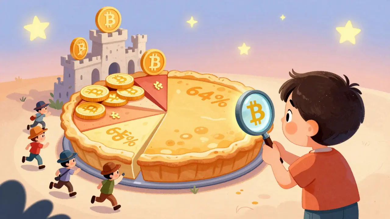 A child examines a pie chart showing Bitcoin dominating the crypto market with golden light shining down.