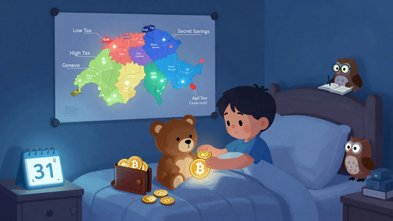 A child tucks a Bitcoin bear to bed under a poster of Swiss cantons with glowing tax rates.