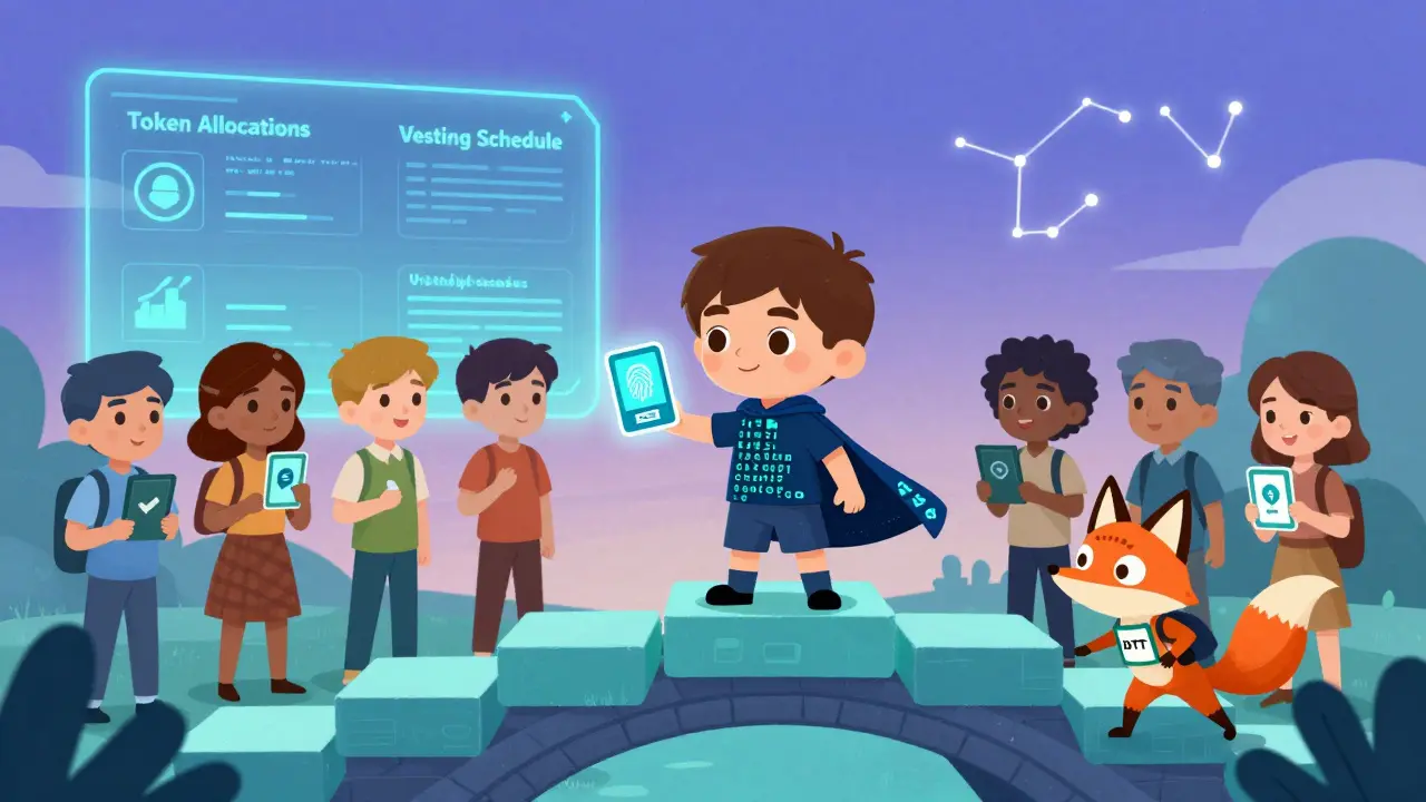 A code-caped hero gives identity badges to users while a fox tries to cheat, set against a blockchain bridge under a twilight sky.