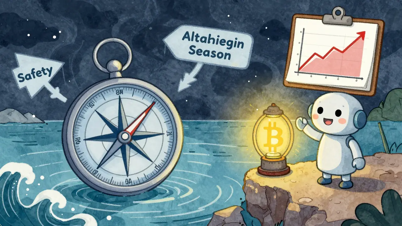 A compass points to safety with Bitcoin at its center, while other directions lead to stormy altcoin seas.