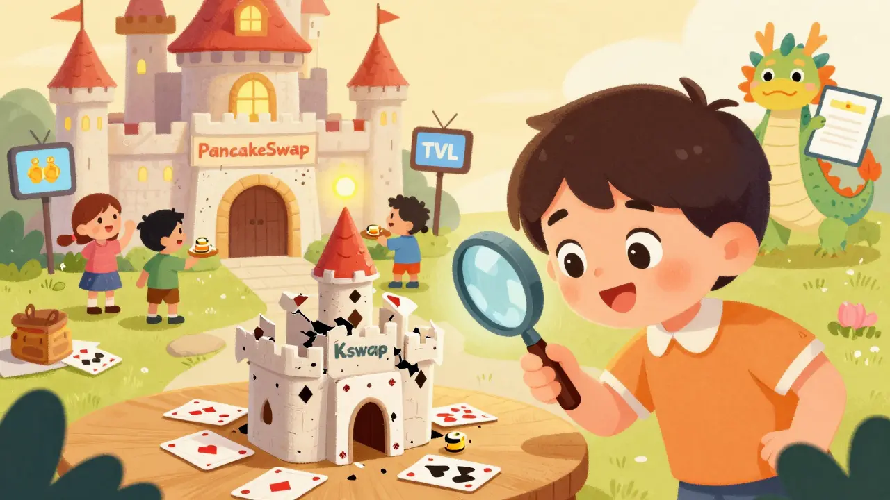 A crumbling KSwap castle made of cards compared to a thriving PancakeSwap castle with happy users and audits.