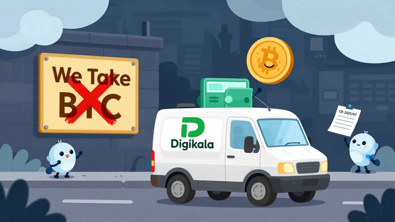 A delivery van with DAI coins flies past banned crypto signs, while compliance robots stamp forms.
