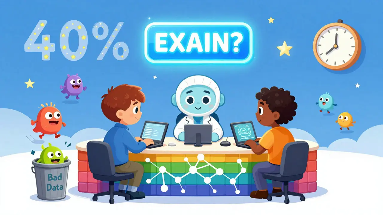 A diverse team works at a rainbow control panel of blockchain blocks and neural networks, with a glowing 'EXPLAIN?' button as error monsters flee into a trash can.