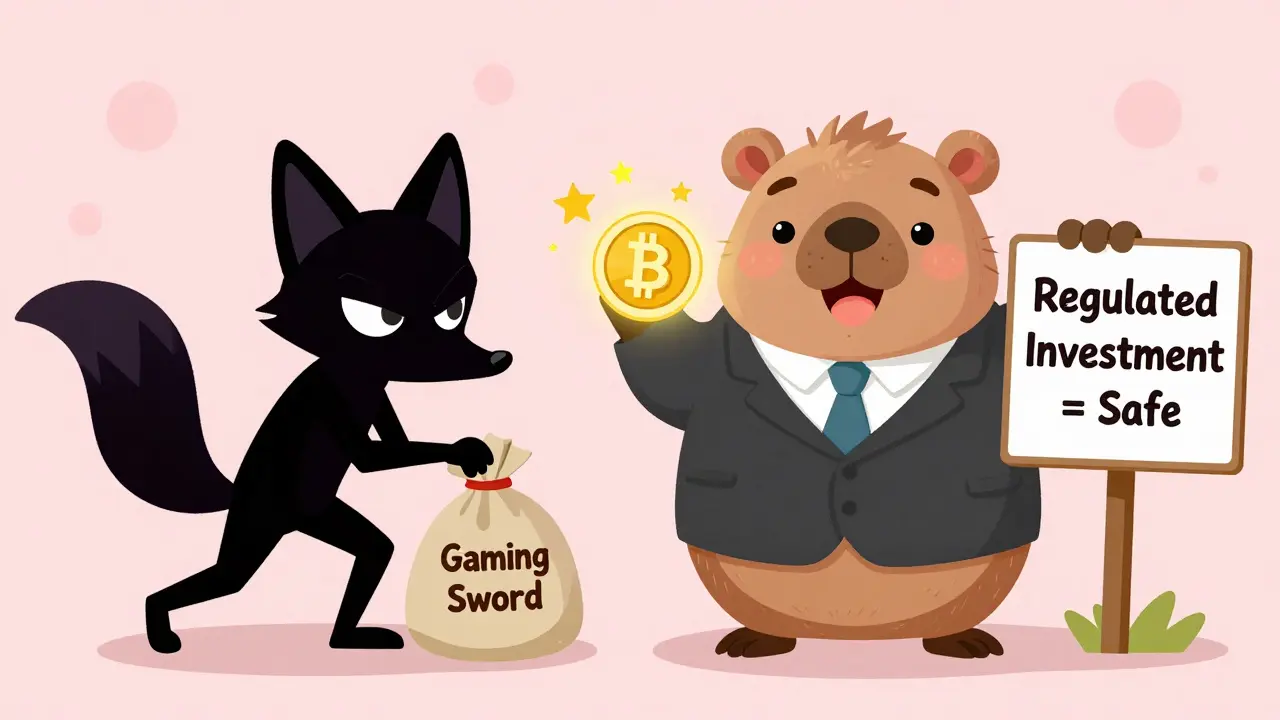 A fox tries to steal a gaming NFT while a wombat proudly displays a regulated investment NFT.