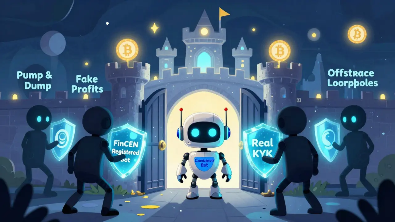 A friendly robot guard protecting a crypto castle from shady figures trying to sneak in.
