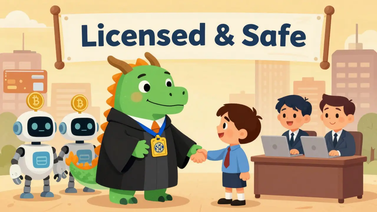 A friendly SEC dragon guides crypto robots and bank tellers to shake hands under a 'Licensed &amp; Safe' banner.