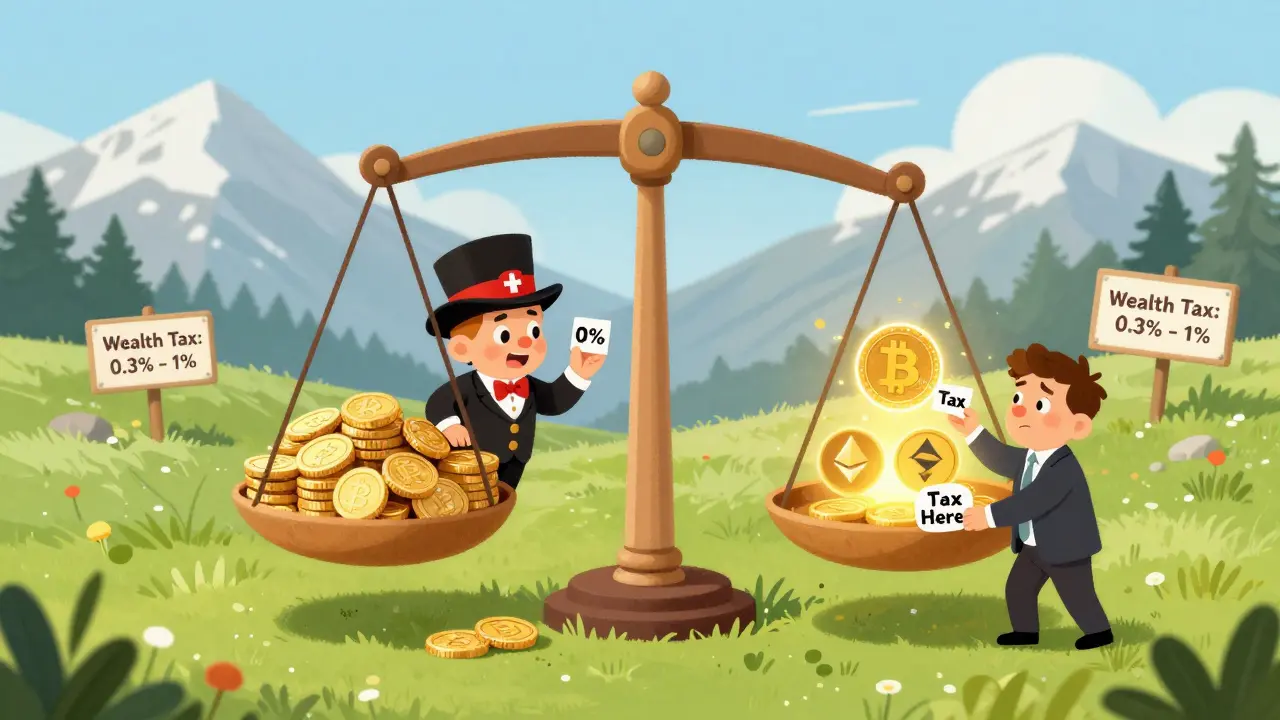 A giant balance scale compares traditional assets with crypto tokens, with a '0%' sign on capital gains.