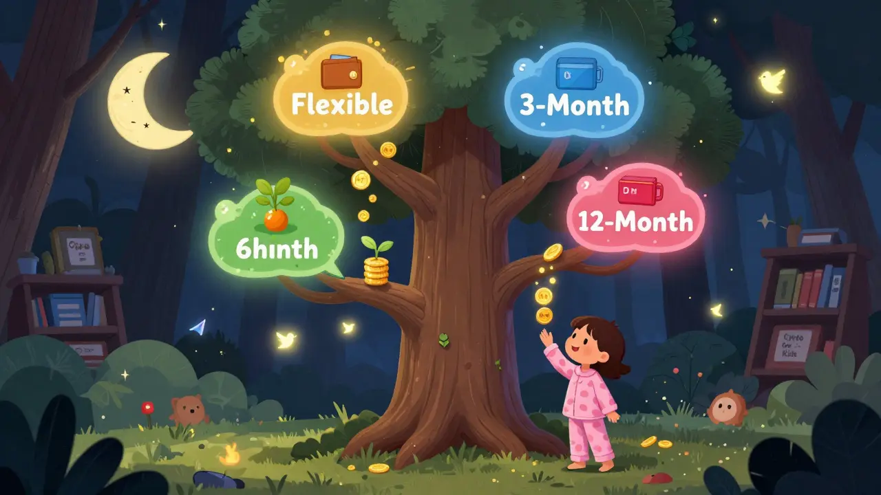 A girl places B2M coins into a magical staking tree, causing A1X tokens to grow as fruit under a wallet-shaped moon.