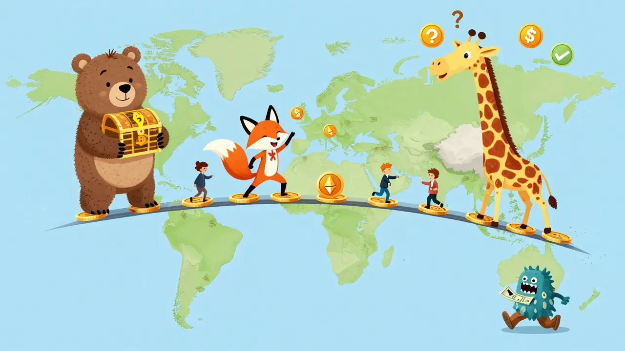 A global map of animal countries trading crypto coins, with a bear holding a Bitcoin treasure chest and inflation running away.