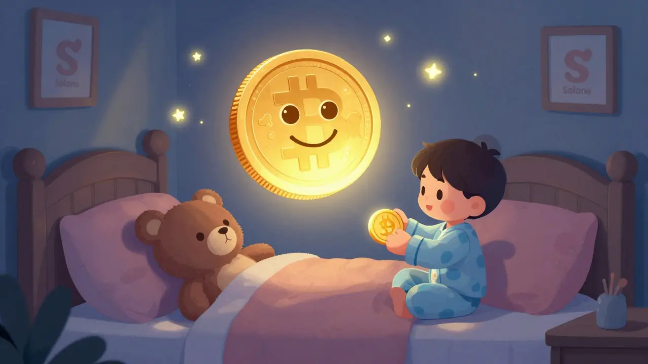 A glowing PAIN coin floats above a child’s bedroom as they tuck it into a stuffed bear’s paw under moonlight.