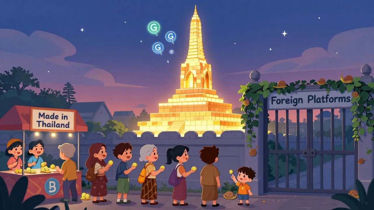 A glowing Thai blockchain tower floats above happy citizens trading at a local exchange booth.