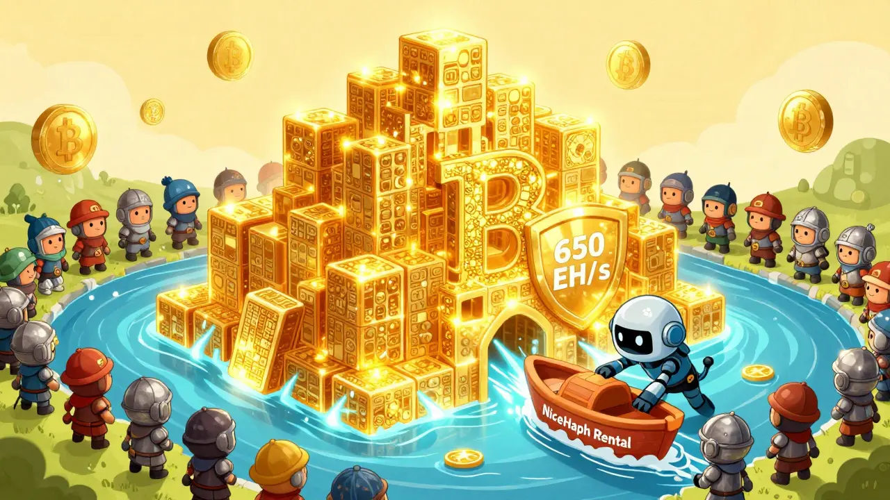 A golden Bitcoin fortress guarded by miners from around the world repels a tiny attacker in a rented robot suit.