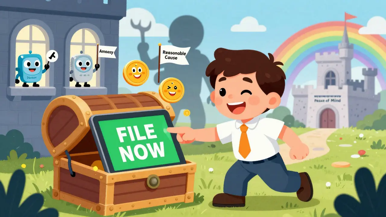 A happy person filing FBAR online as crypto coins celebrate with a rainbow to peace.