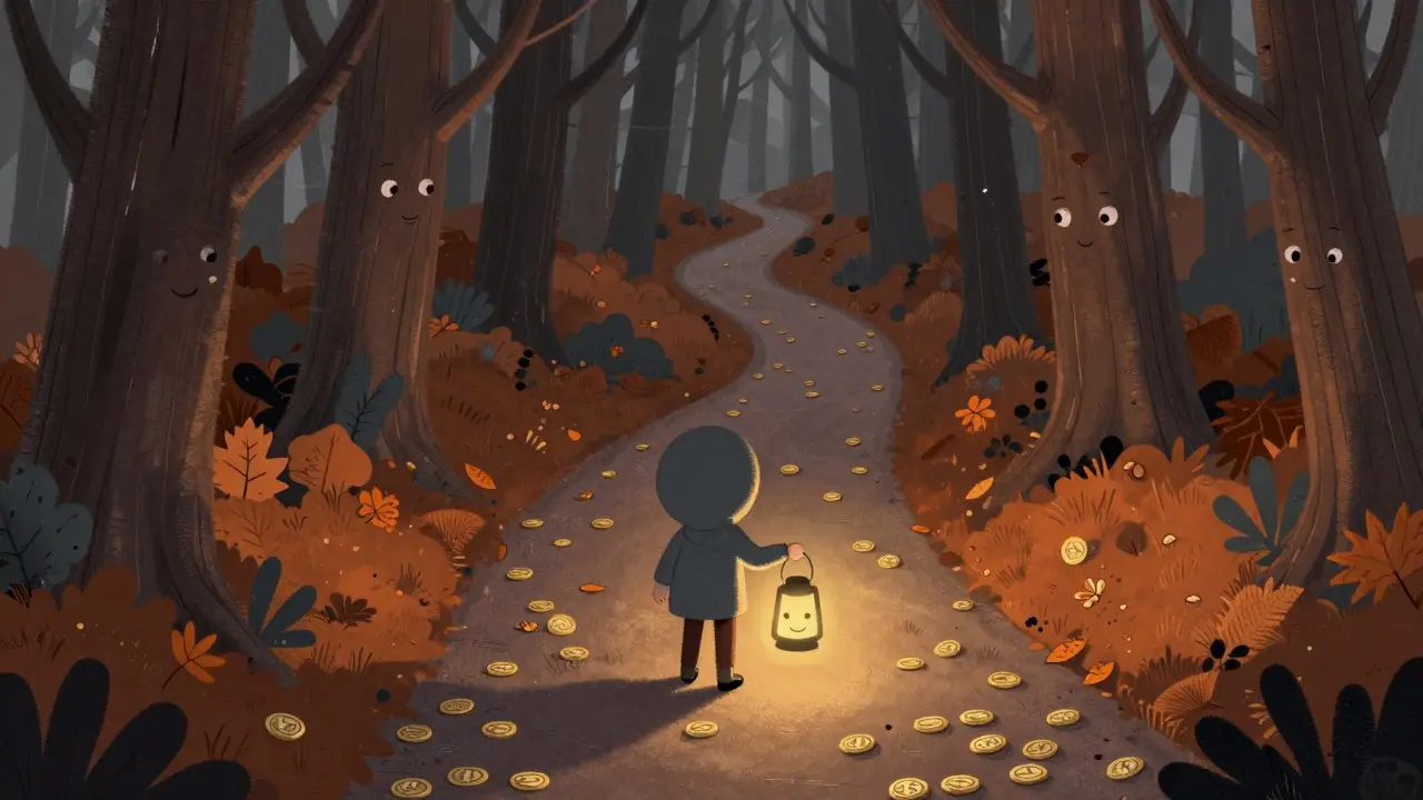 A lone figure walks a forest path paved with PAIN coins, holding a lantern shaped like Hide the Pain Harold’s face.